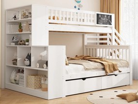 Łóżko piętrowe 90x200cm + 140x200cm z drewna - z 2 szufladami, biblioteczką i schodami do przechowywania - Białe