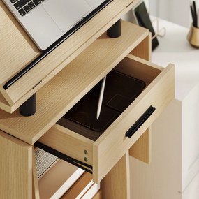 HOMCOM Mobilne podium, podium do wystąpień z składanymi bocznymi skrzydłami, stół na laptopa z szufladą i półkami, wykonane w dębie