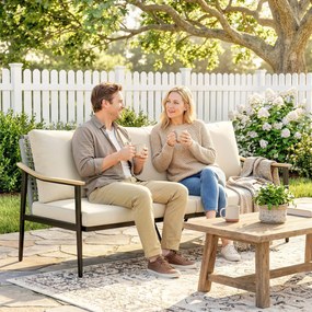 Outsunny Trzyosobowa sofa ogrodowa z rattanu z wyjmowanymi poduszkami, podłokietnikami w kolorze drewna, stalową ramą, khaki | Aosom PL