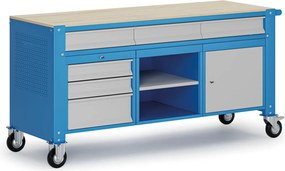 Mobilny stół warsztatowy G9, 1 półka, 1 szafka, 6 szuflad, 1690 x 595 x 865-1130 mm, szary/niebieski