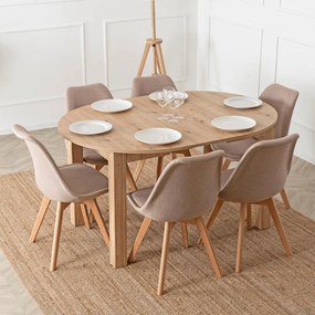 Zestaw Stół Okrągły Rozkładany HARRY 102-142 cm Dąb Artisan i 6 Krzeseł NEVEL Beżowych Skandynawskich