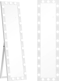HOMCOM Lustro całopostaci 150x40 cm Lustro LED z 24 żarówkami 3 barwy światła, wolnostojące, do oparcia lub montażu na ścianie Biały | Aosom PL