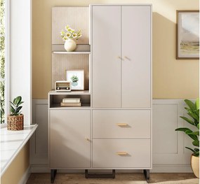 Zestaw na ubrania do przedpokoju 110x38x186 cm - 3 drzwi i 2 szuflady - Z wieszakami - Otwarte półki - Beżowy i szary