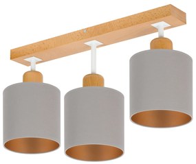 Szara lampa sufitowa, trzypunktowy spot CL-DWE50x7BU-GR z drewna E27