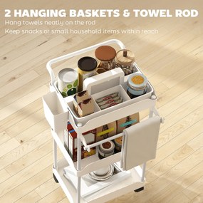 HOMCOM Wózek do przechowywania, 3 kosze, uchwyt na ręcznik, kółka, uchwyt, metalowa rama, Biały