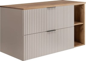 Szafka łazienkowa ryflowana FLOW 100 cm kaszmir z blatem i regałem dąb craft złoty