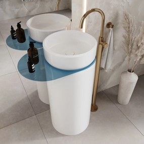 Umywalka z konglomeratu wolnostojąca okrągła z półką szklaną 85 x 40 cm RONA bez przelewu | Różne kolory półki : Kolor szkła - Niebieski, Kolor umywalki RONA - Go Color, Podłączenie syfonu - Do ściany, Półka - Szklana