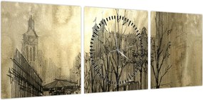 Obraz - Szkic miasta (z zegarem) (90x30 cm)