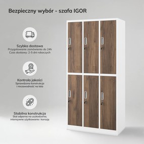 Szafka socjalna ubraniowa BHP biała / orzech 6-drzwiowa: Eco Design IGOR, 900 x 1850 x 450 mm