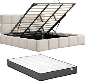 Łóżko ze skrzynią 180 x 200 cm – Tkanina – Beżowe + Materac - DILUDO