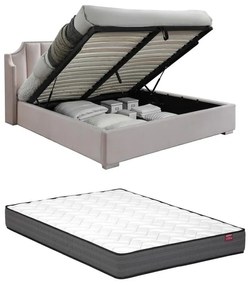 Łóżko ze skrzynią 180 × 200 cm z zagiętym zagłówkiem – Welurowe – Różowe + Materac – TEOMIS