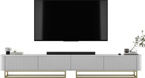 Szafka RTV 4-drzwiowa, fronty ryflowane, biały mat, złote metalowe nogi, 280 cm - AURORA