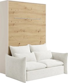 Łóżko chowane w szafie 160 x 200 cm - Ręczne otwieranie pionowe - Z diodami LED - Beżowy i naturalny + kanapa - RAPILI