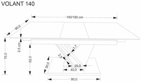 Stół rozkładany spiek czarny marmur/dąb/czarny 140-180/90/76 VOLANT 140