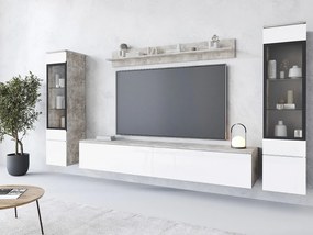 Nowoczesny zestaw mebli do salonu 4 elementy, szafka RTV 180 cm, 2 witryny i półka, korpus beton mat, fronty biały połysk, stojąca lub wisząca