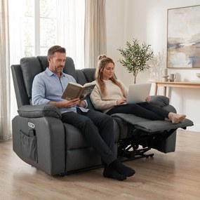 HOMCOM Dwuosobowa elektryczna sofa relaksacyjna z Leathaire, funkcją masażu i ogrzewania, 2 piloty, złącza USB/USB‑C | Aosom PL