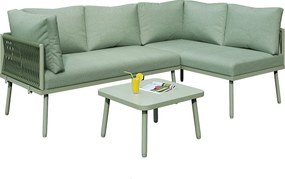 Zestaw mebli ogrodowych z kutego żelaza - 4 miejsca - narożna sofa zewnętrzna z poduszkami - 2 sofy i 1 stolik kawowy - dekoracja pleciona z liny - Zielony