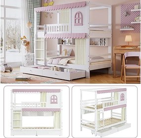 Łóżko piętrowe dla dzieci - 2 x 90 x 200 cm - z oknami + zasłony + otwarta półka + 2 szuflady - sosna + MDF - różowe