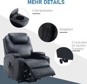 HOMCOM Fotel telewizyjny z funkcją podnoszenia i masażu sztuczna skóra czarny wygodny fotel do relaksu | Aosom PL