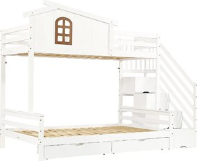 Łóżko piętrowe 90×200 cm - z 2 szufladami - z oknami - schody z miejscem do przechowywania - Drewno lite + MDF - białe (bez materaca)