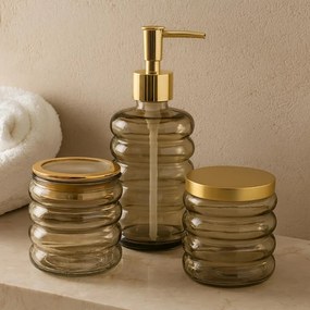 Zestaw łazienkowy HUM, szklany dozownik, kubek, pojemnik, 3 elementy