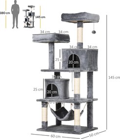PawHut Duży drapak dla kotów 145 cm, z hamakiem, drzewko do wspinaczki dla kotów, drapak z jaskiniami i słupkami obszytymi sizalem, Jasnoszary