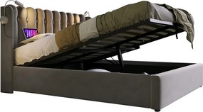 Łóżko z pojemnikiem 140 x 200 cm - Łóżko podwójne z lampką do czytania z akumulatorem - szary aksamit - materac w zestawie