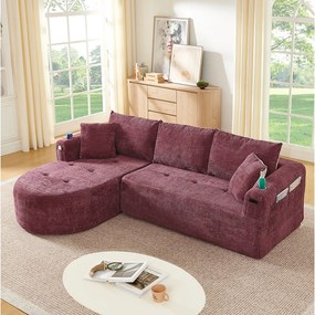 4-osobowa sofa narożna z kieszeniami bocznymi i uchwytem na kubki, bez montażu, z lnu, bordowa