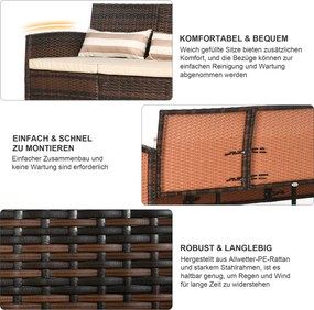 Outsunny Rattanowa sofa ogrodowa 3-osobowa do ogrodu z poduszkami stal kolor brązowy