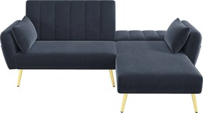 Sofa 3-osobowa z bocznymi kieszeniami i regulowanym oparciem, złote nogi - czarny welur