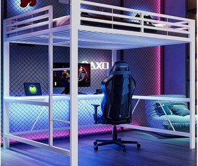 Łóżko na antresoli metalowe 160x200cm - z biurkiem - z oświetleniem LED i portem ładowania USB - Biały (bez materaca)