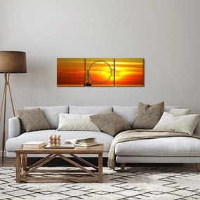 Obraz zachodu słońca z jachtem (z zegarem) (90x30 cm)