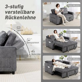 HOMCOM Sofa-łóżko 2-osobowa, pokrycie ze sztruksu, przekształcalna w sofę rozkładaną, 2 poduszki, kieszenie boczne, 157 x 190 cm, ciemnoszara | Aosom PL