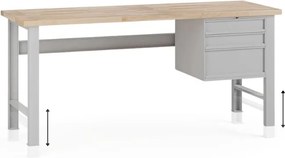 Stół warsztatowy z regulacją wysokości G7, blat bukowy, 2000 x 800 x 840-1040 mm, 1x kontener, 3x szuflada, szary