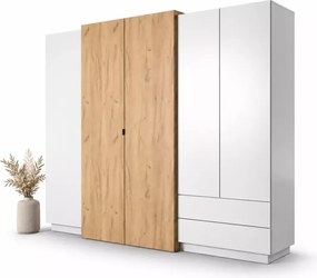 Szafa Volio 230 cm – nowoczesna szafa uchylna z lustrem, 5-drzwiowa z 2 szufladami – biały mat / dąb craft złoty