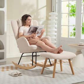 HOMCOM Fotel bujany z podnóżkiem, miękki polar, drewniane nogi, poduszka, wysokie oparcie, fotel bujany, Beżowy | Aosom PL