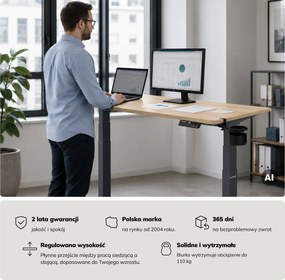 Biurko elektryczne z regulacją wysokości ergonomiczne antracytowe/dąb sonoma,1400x700 mm: ARIA