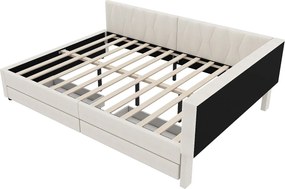 Sofa rozkładana 140x200 cm, beżowy len, łóżko dla dorosłych, oświetlenie LED, 2 szuflady, port USB – materac nie jest wliczony w cenę