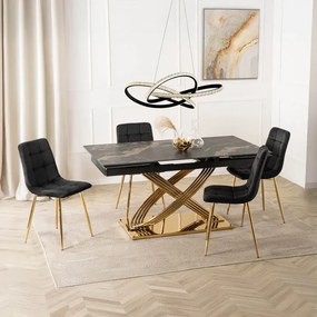 Zestaw Stół Rozkładany IBIZA 160-240 cm Czarny Marmur/Złoty i 4 Krzesła Tapicerowane YORK Czarne Glamour