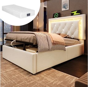 Łóżko tapicerowane, jednoosobowe, ze schowkiem - 90 x 200 cm - zagłówek z diodami LED + porty USB i typu C - schowek hydrauliczny - aksamit - beżowe (z materacem)