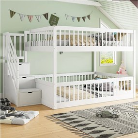 Łóżka piętrowe dla dzieci - 2 x 140 x 200 - ze schodkami do przechowywania + barierki - drewniane - białe