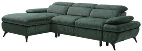 Kanapa narożna rozkładana lewostronna  z fakturowanej tkaniny z pojemnikiem na pościel zielona MORAVA