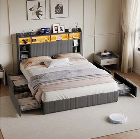 Łóżko 140x200 cm z 4 szufladami, oświetleniem LED, USB typu C, stolikami nocnymi ze schowkiem, otwartymi przegrodami, stelażem z listew - Szare