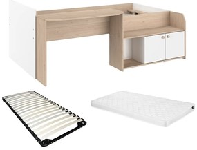 Łóżko wielofunkcyjne 90 x 190/200 cm - Kolor: Naturalny i biały + Stelaż + Materac - MIVONA