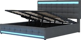 Łóżko z pojemnikiem 180x200 cm, szary len, łóżko podwójne z oświetleniem LED i portem USB – materac nie jest wliczony w cenę