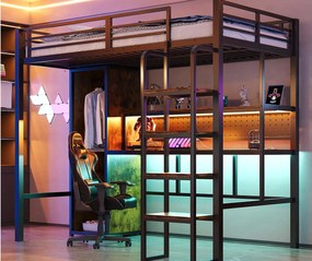 Łóżko na antresoli metalowe 90 x 200 cm - z drabiną - duże biurko z panelem perforowanym - z oświetleniem LED - z szafą - czarny​ (materac nie jest wliczony w cenę)