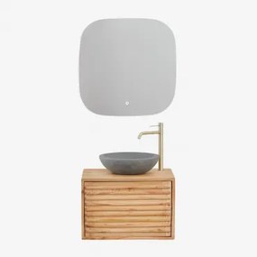 Zestaw Wiszących Mebli Łazienkowych Z Drewna Deleyna Naturalna & Okrągły Szary Cement Ø40 Cm Tarsis & Kwadratowa Lampa - Sklum