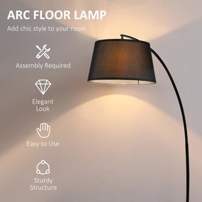 HOMCOM Lampa Stojąca z Abażurem z Tkaniny, Łukowa Lampa Podłogowa z Okrągłą Podstawą, Metal, 105L x 47S x 190W cm, Czarna