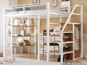 Łóżko na antresoli z metalu 140x200cm - z biurkiem i przegródkami do przechowywania - Biały