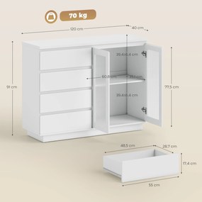 HOMCOM Szafka bufetowa, komoda z 4 szufladami, 2 przeszklone drzwi, nowoczesny design, MDF, biały
